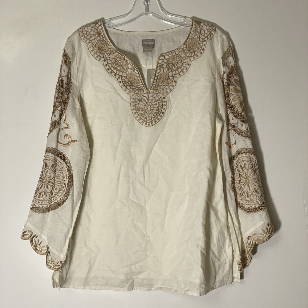 Chicos Tunic Top Womens 1 Ivory Linen Blend Embroidered Flutter Sleeve Boho Chic
